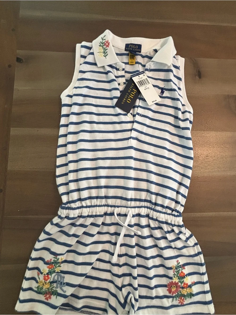 Ralph Lauren Girls White & Blue Striped Floral Polo Romper - S/P (7) NWT